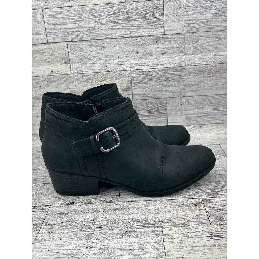 Clarks Collection Black Leather Ankle Boots Buckle‎ Side Zip Women US 6.5